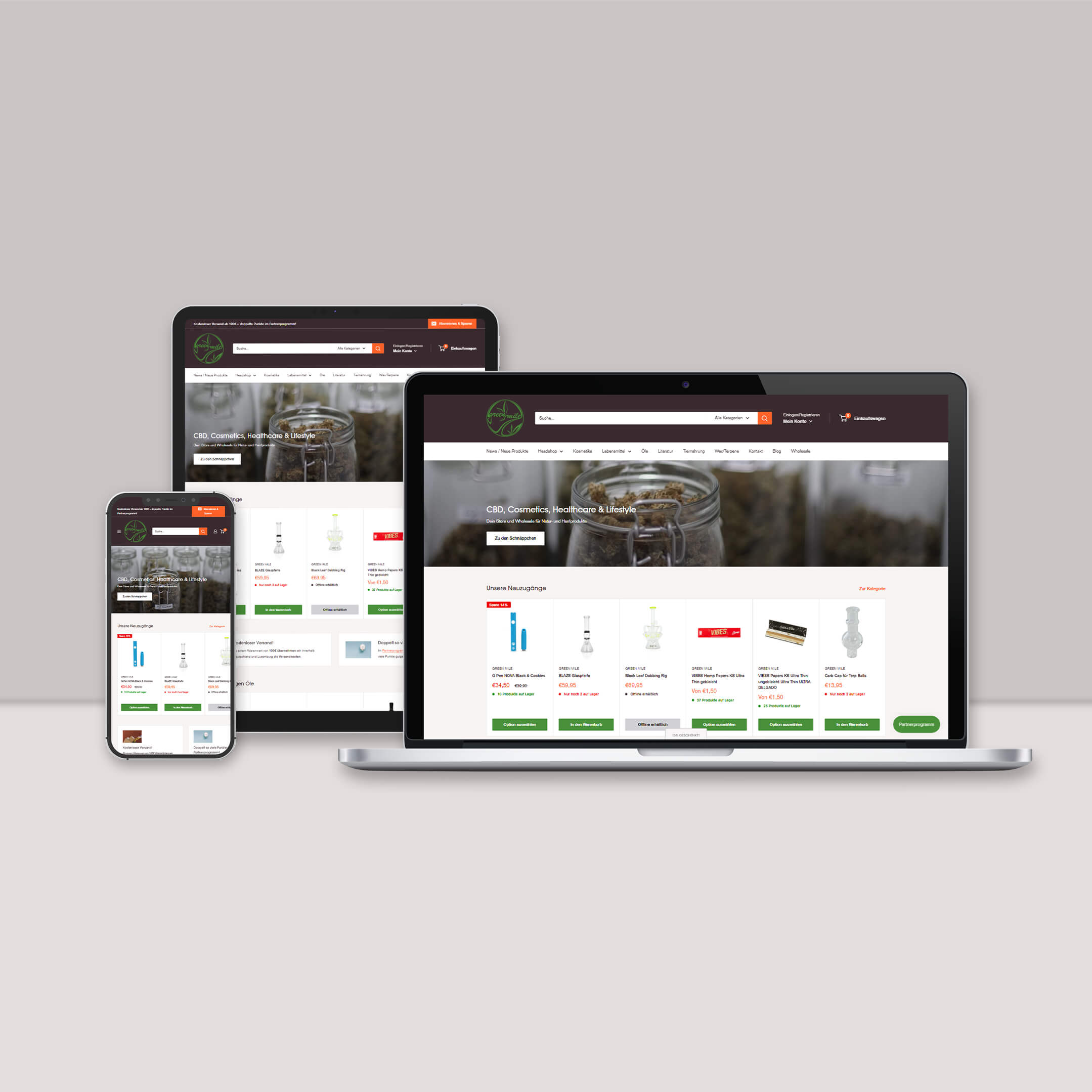 Darstellung des Online-Shops von Green Mile Lux auf Desktop und mobilen Geräten (responsive design)