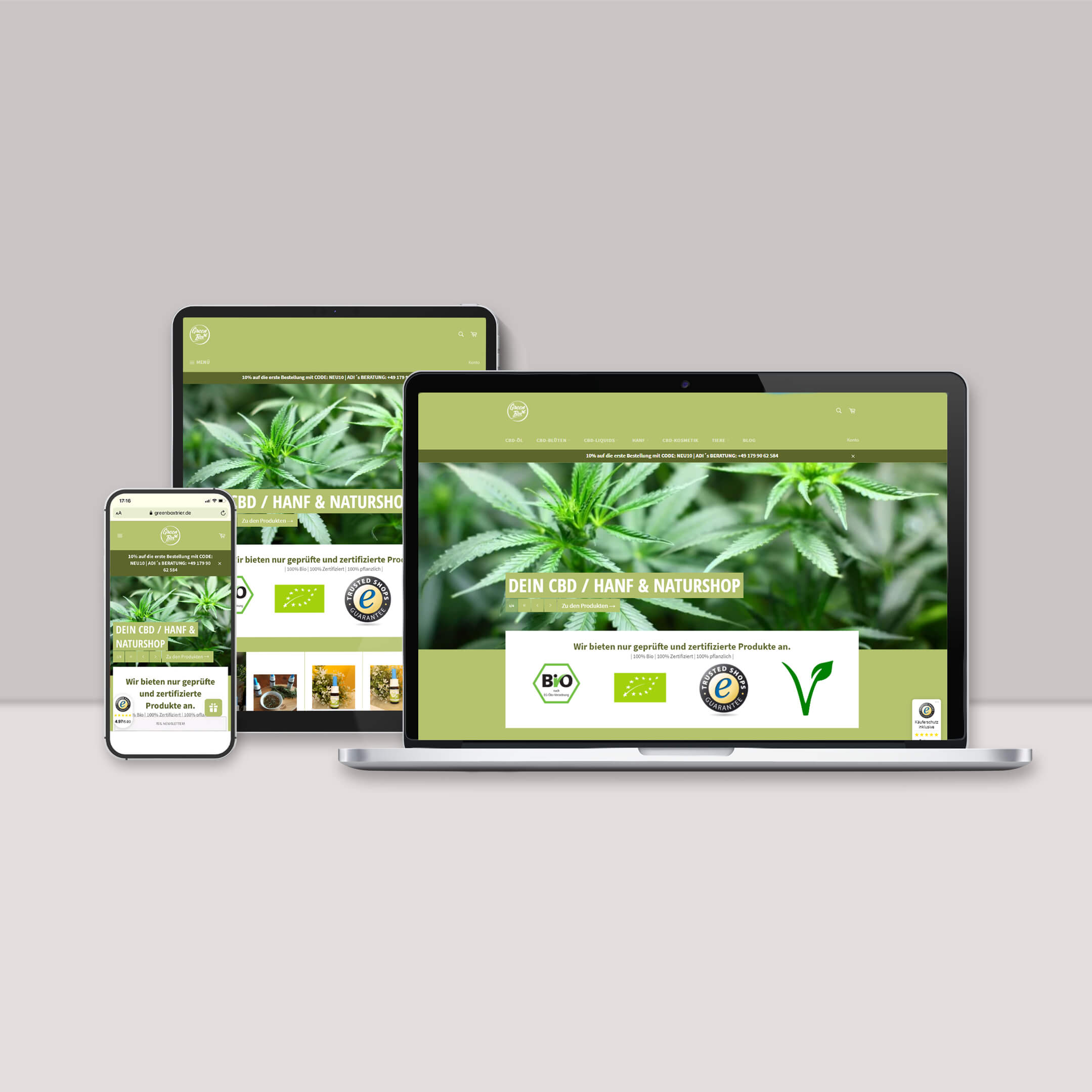 Darstellung des Online-Shops von der Green Box Trier auf Desktop und mobilen Geräten (responsive design)