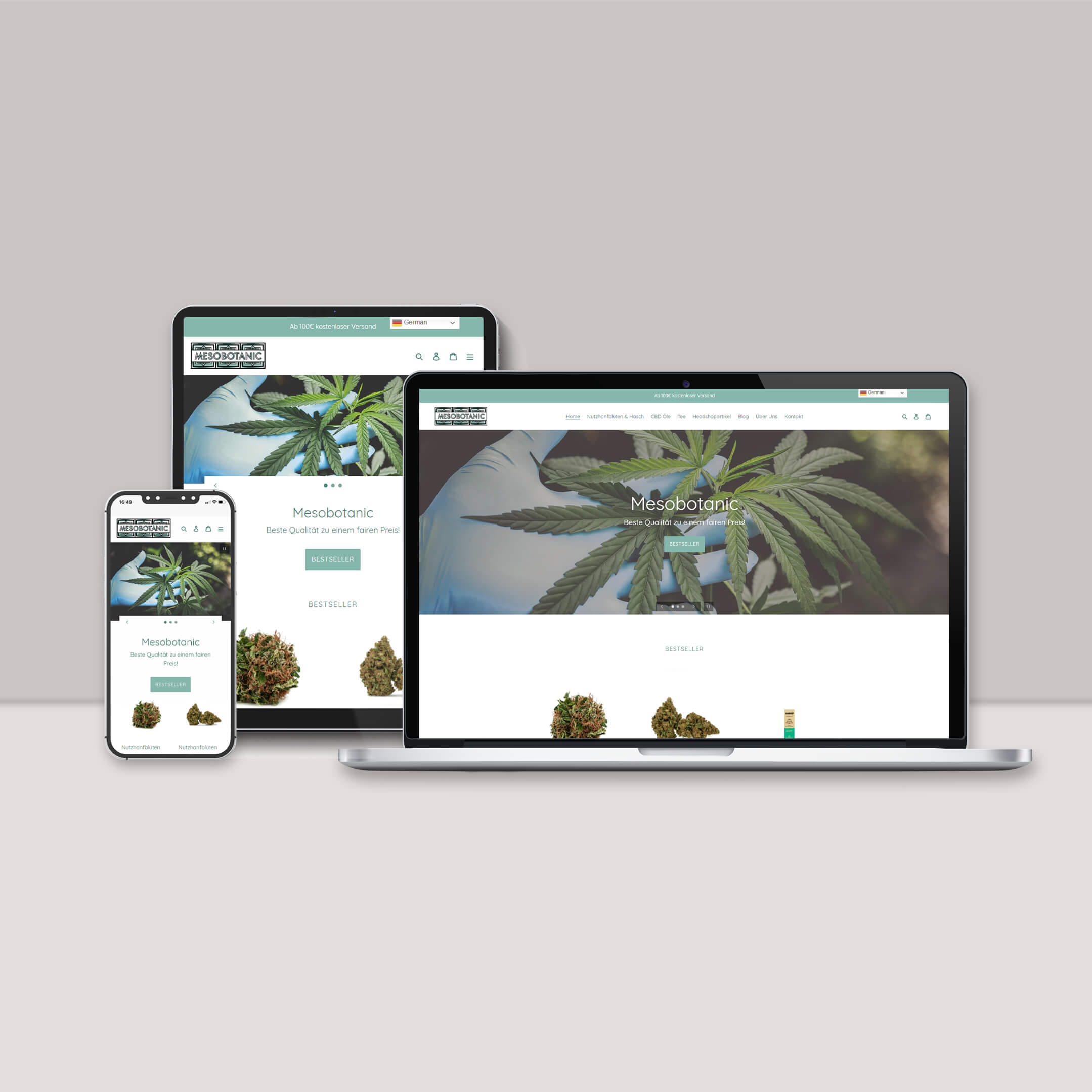Darstellung des Online-Shops von Mesobotanic auf Desktop und mobilen Geräten (responsive design)