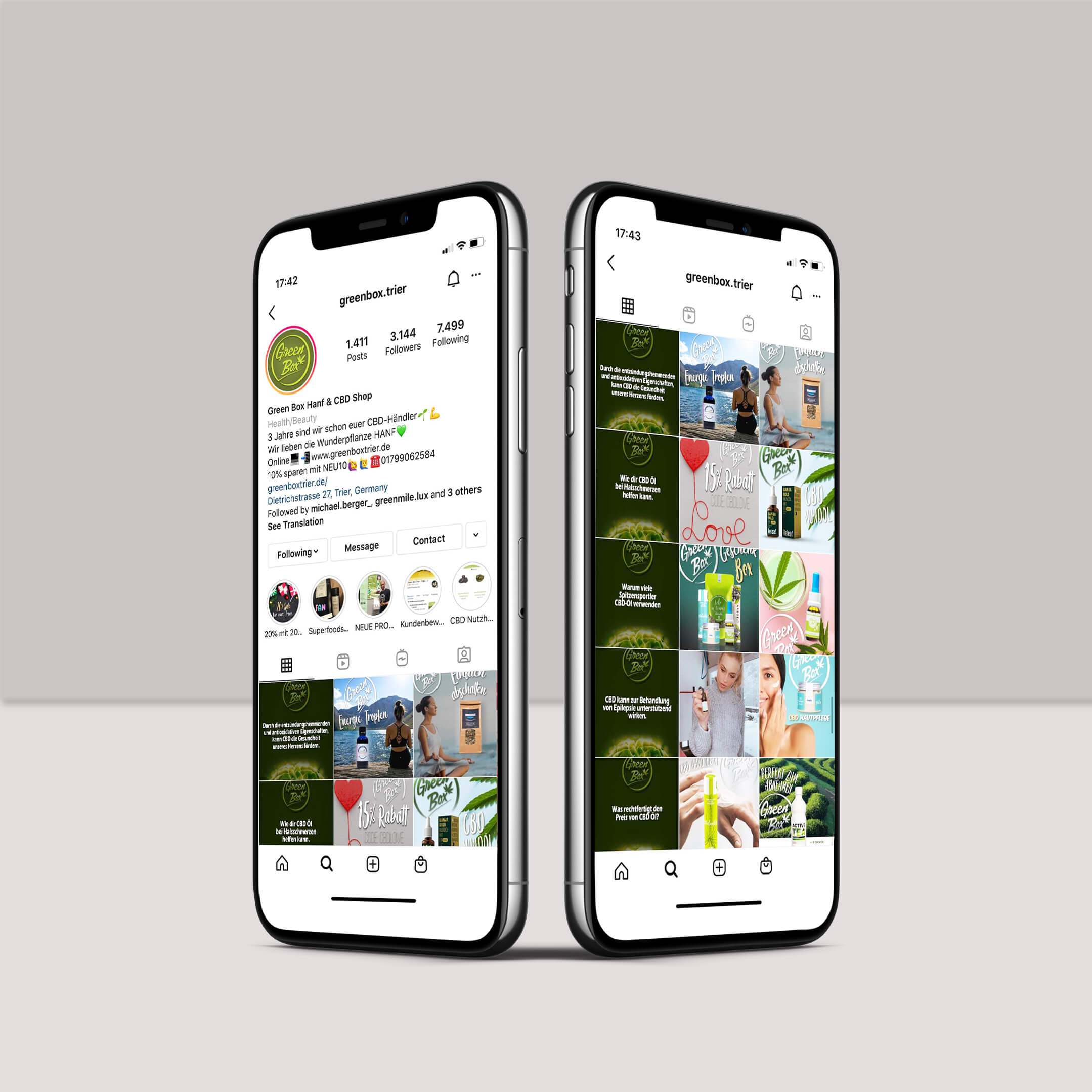 Darstellung und Beschreibung des Social Media Instagram Auftritts von der Green Box Trier auf dem Smartphone