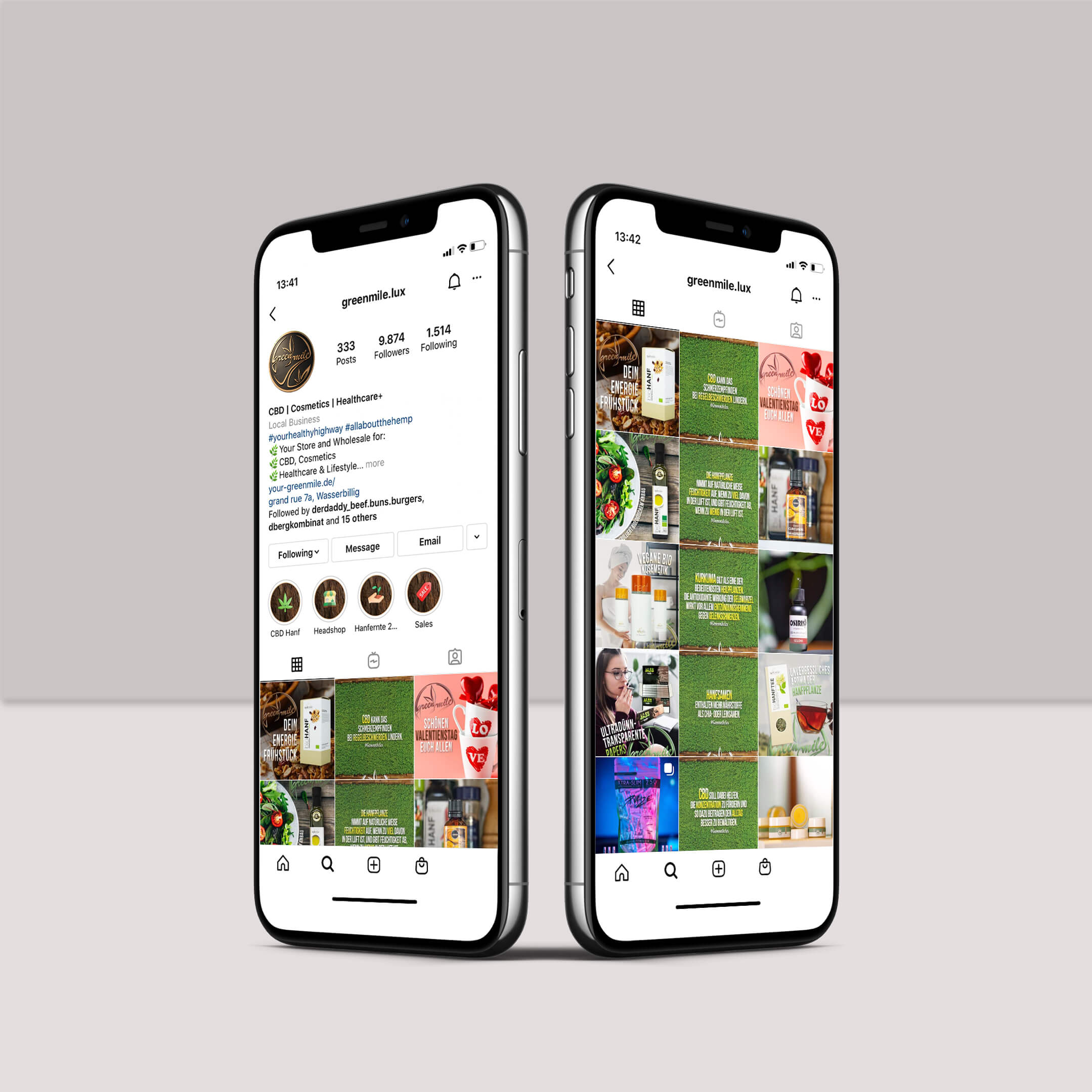 Darstellung des Social Media Instagram Auftritts von Green Mile Lux auf einem Smartphone