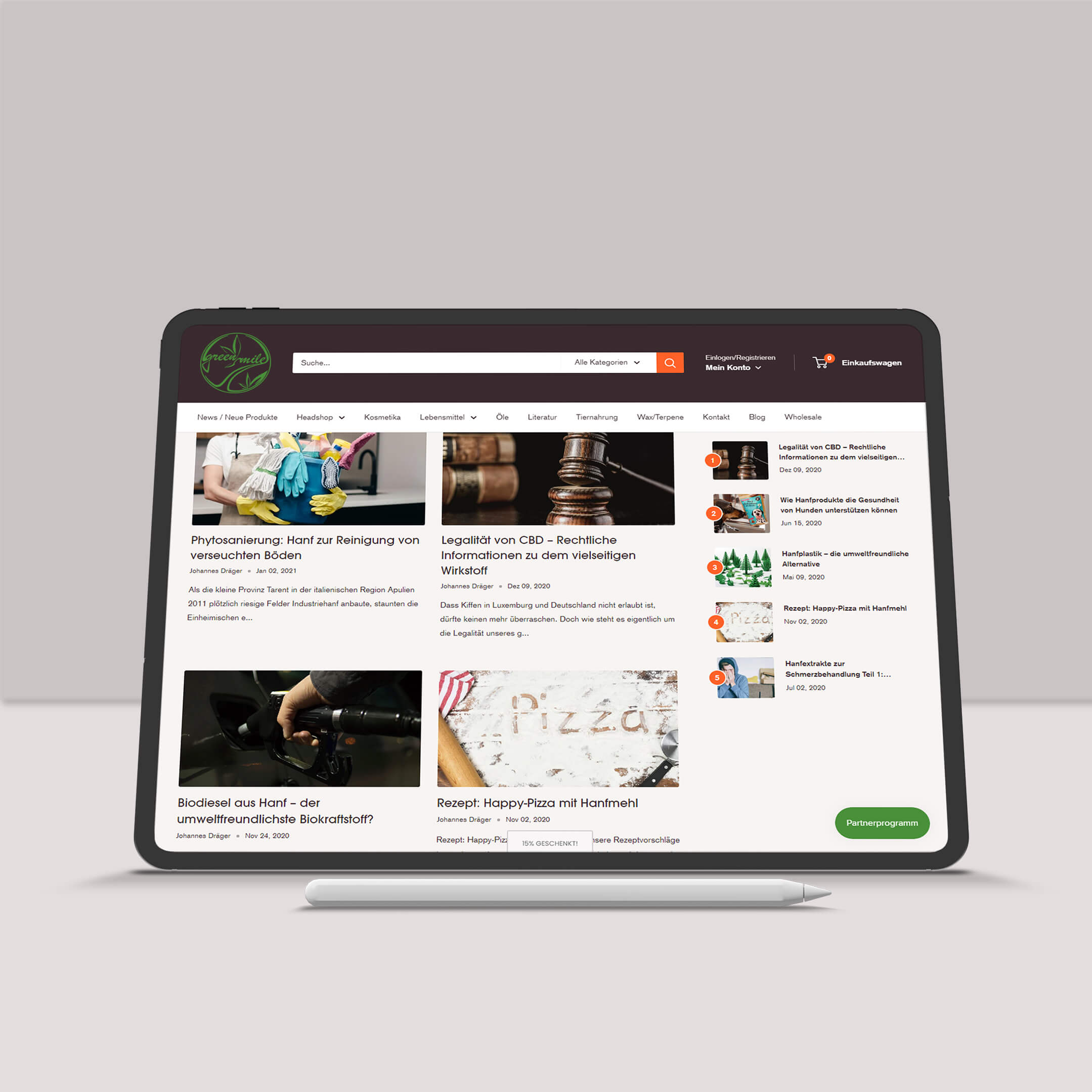 Darstellung von Inhalten bzw. Content eines Internetblogs, Webblog, Blogbeitrag von Green Mile Lux auf einem Tablet
